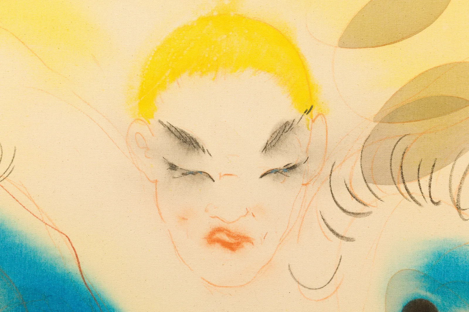 A detail of a painting by Zoe Spowage of a naked woman holding two blue forms under her arms