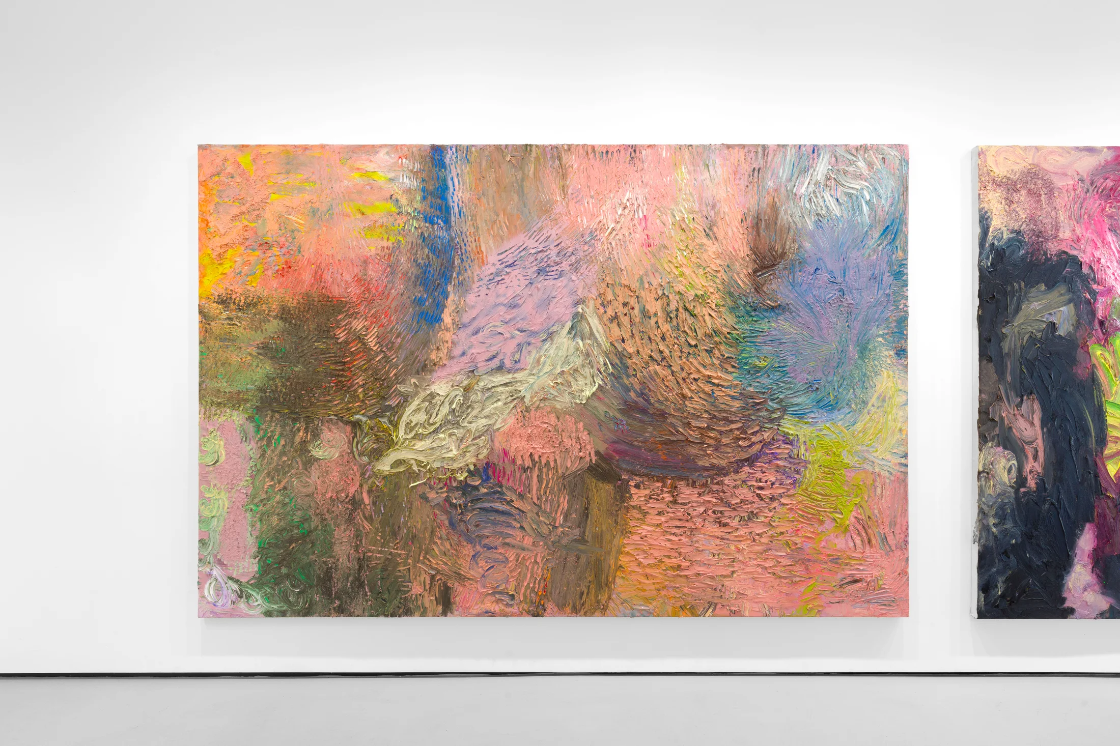 An installation view of James Cabaniuk's solo exhibition with two very large impasto oil paintings on the wall