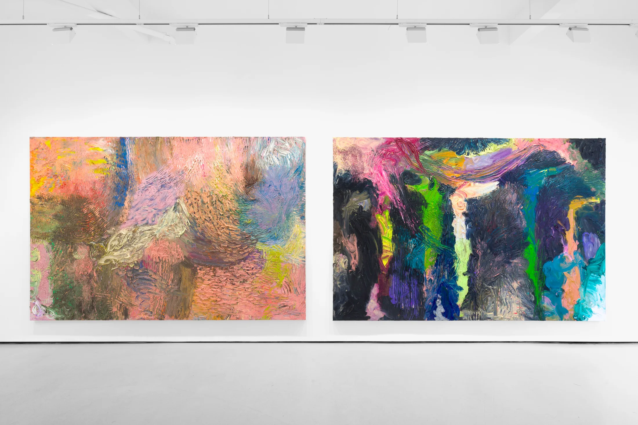 An installation view of James Cabaniuk's solo exhibition with two very large impasto oil paintings on the wall