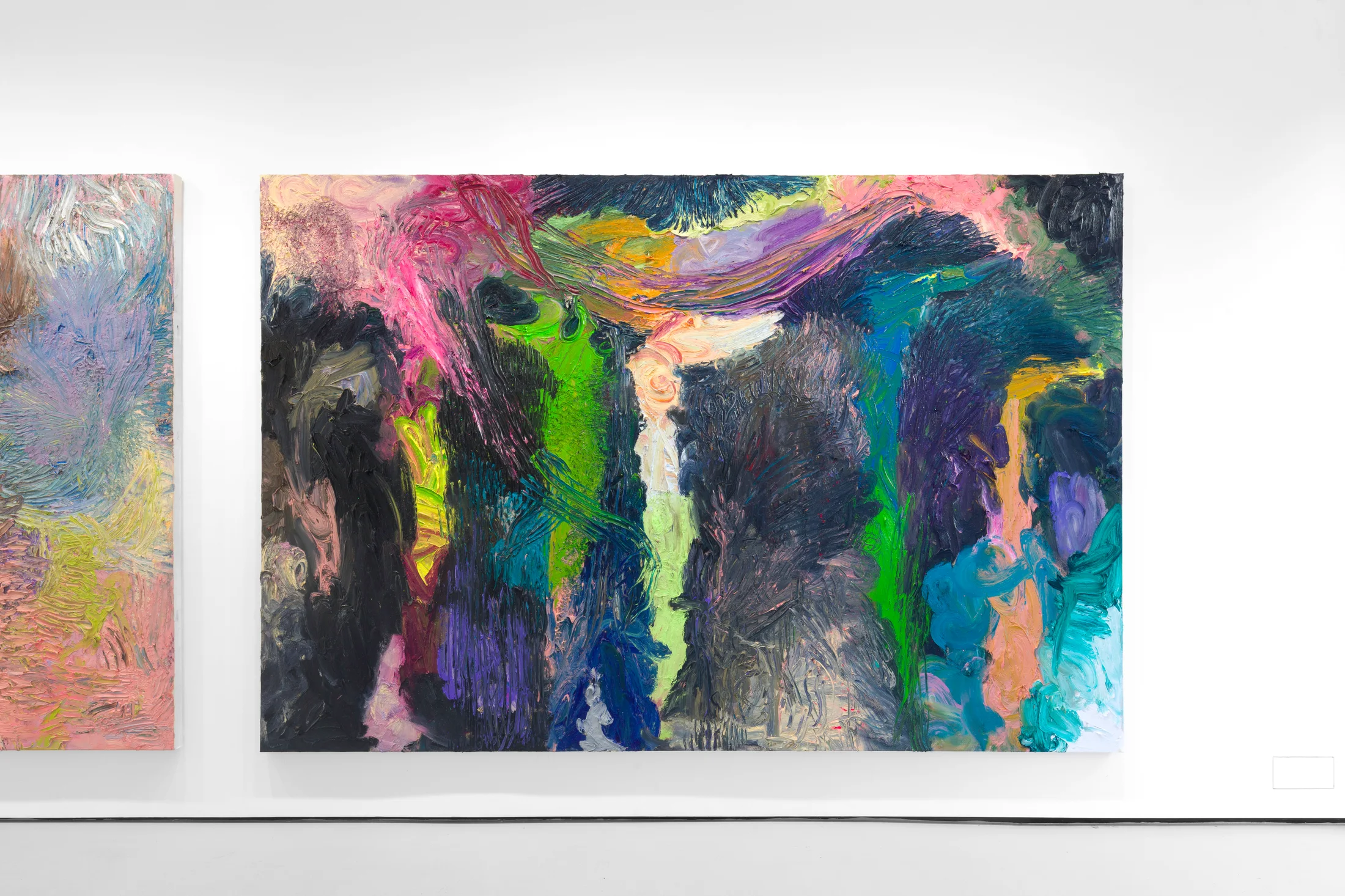 An installation view of James Cabaniuk's solo exhibition with two very large impasto oil paintings on the wall