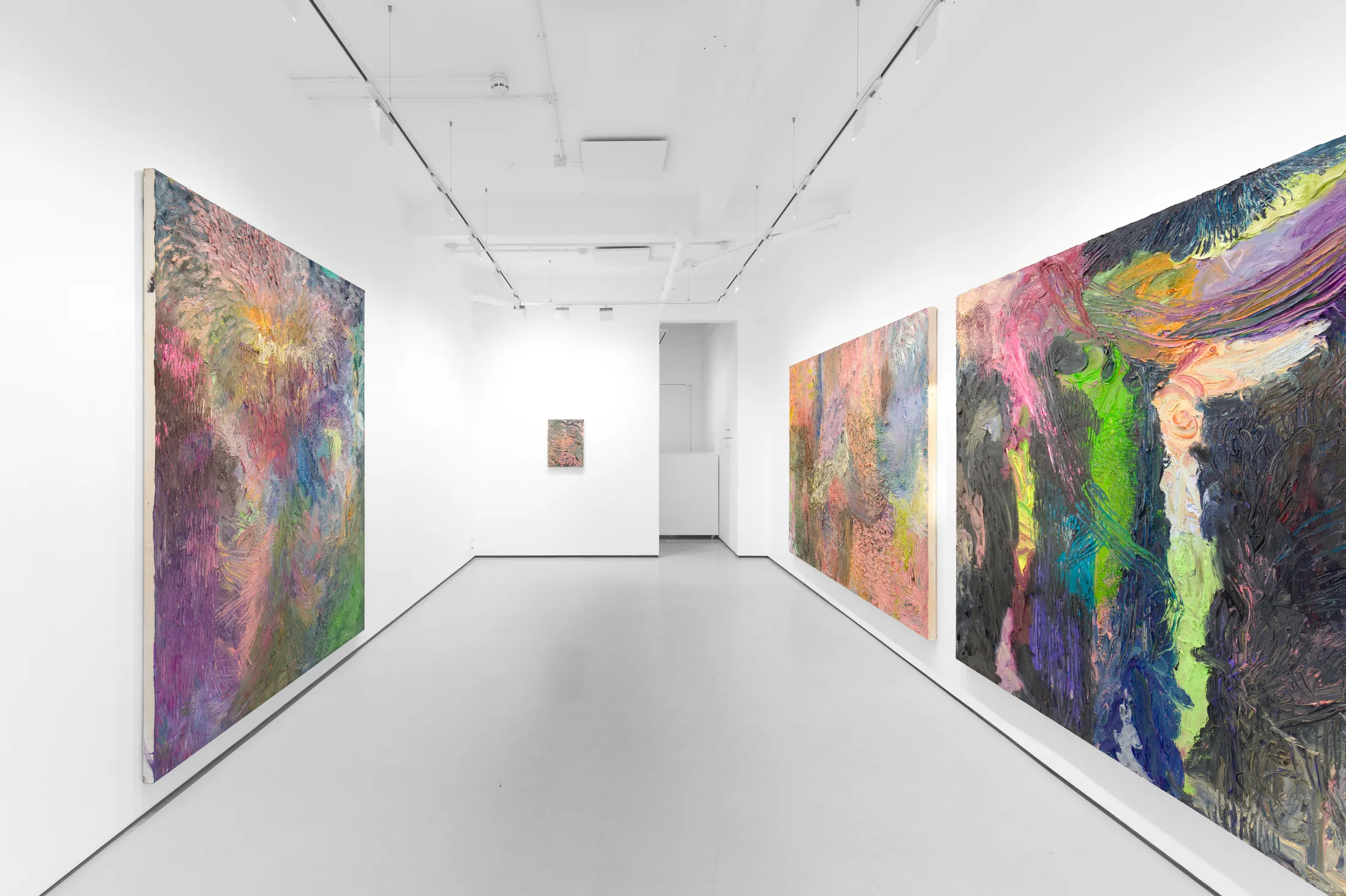 An installation view of James Cabaniuk's solo exhibition with two very large impasto oil paintings on the wall