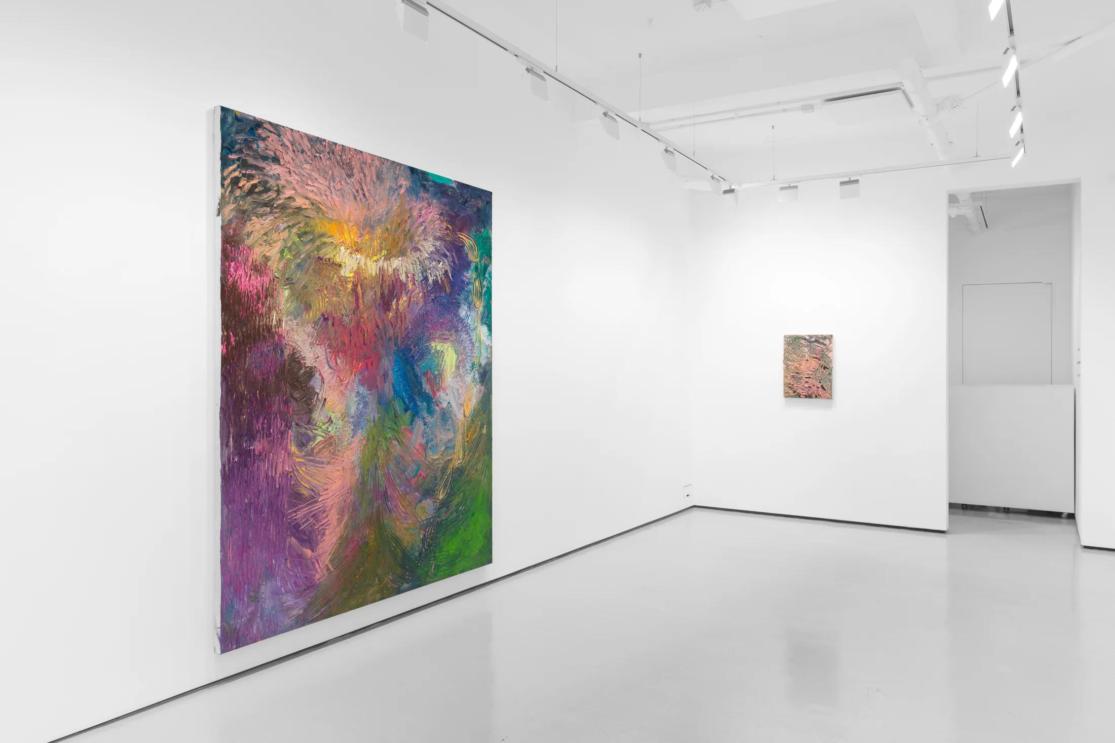 An installation view of James Cabaniuk's solo exhibition with two very large impasto oil paintings on the wall