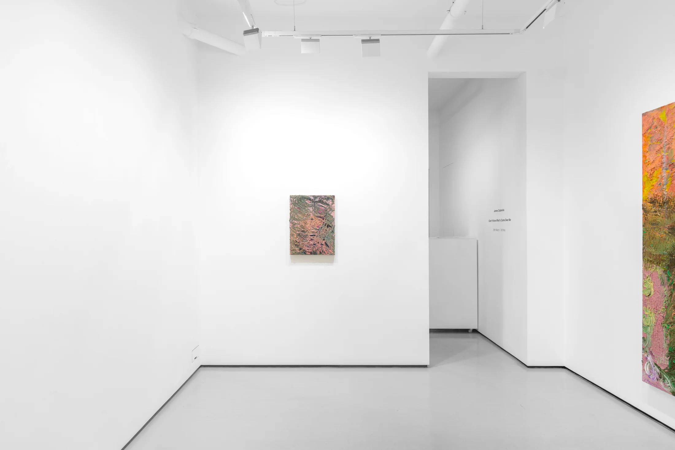 An installation view of James Cabaniuk's solo exhibition with two very large impasto oil paintings on the wall