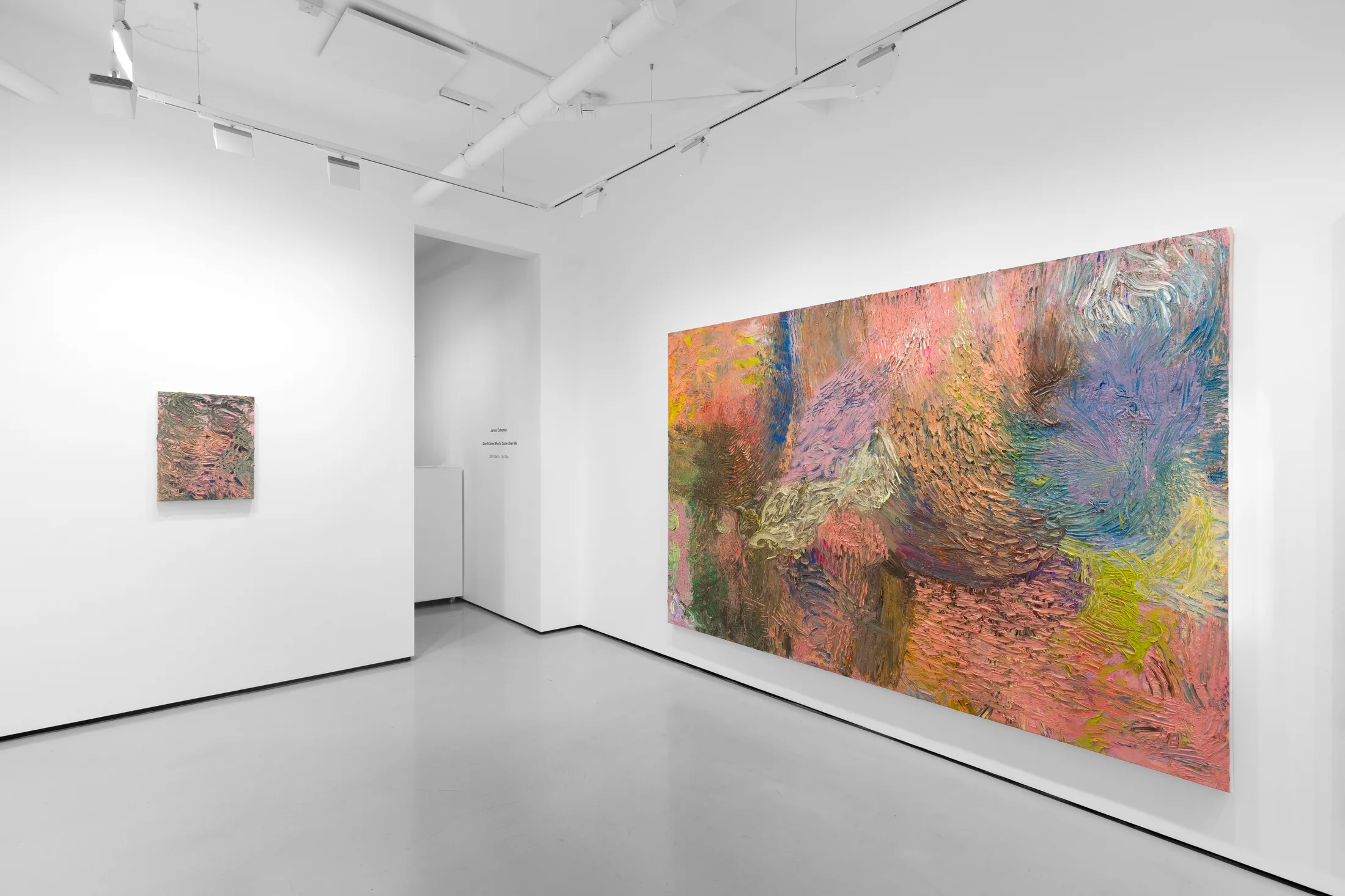 An installation view of James Cabaniuk's solo exhibition with two very large impasto oil paintings on the wall