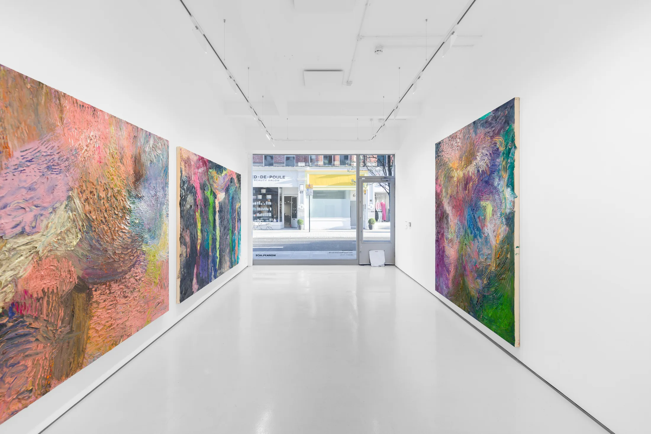An installation view of James Cabaniuk's solo exhibition with two very large impasto oil paintings on the wall