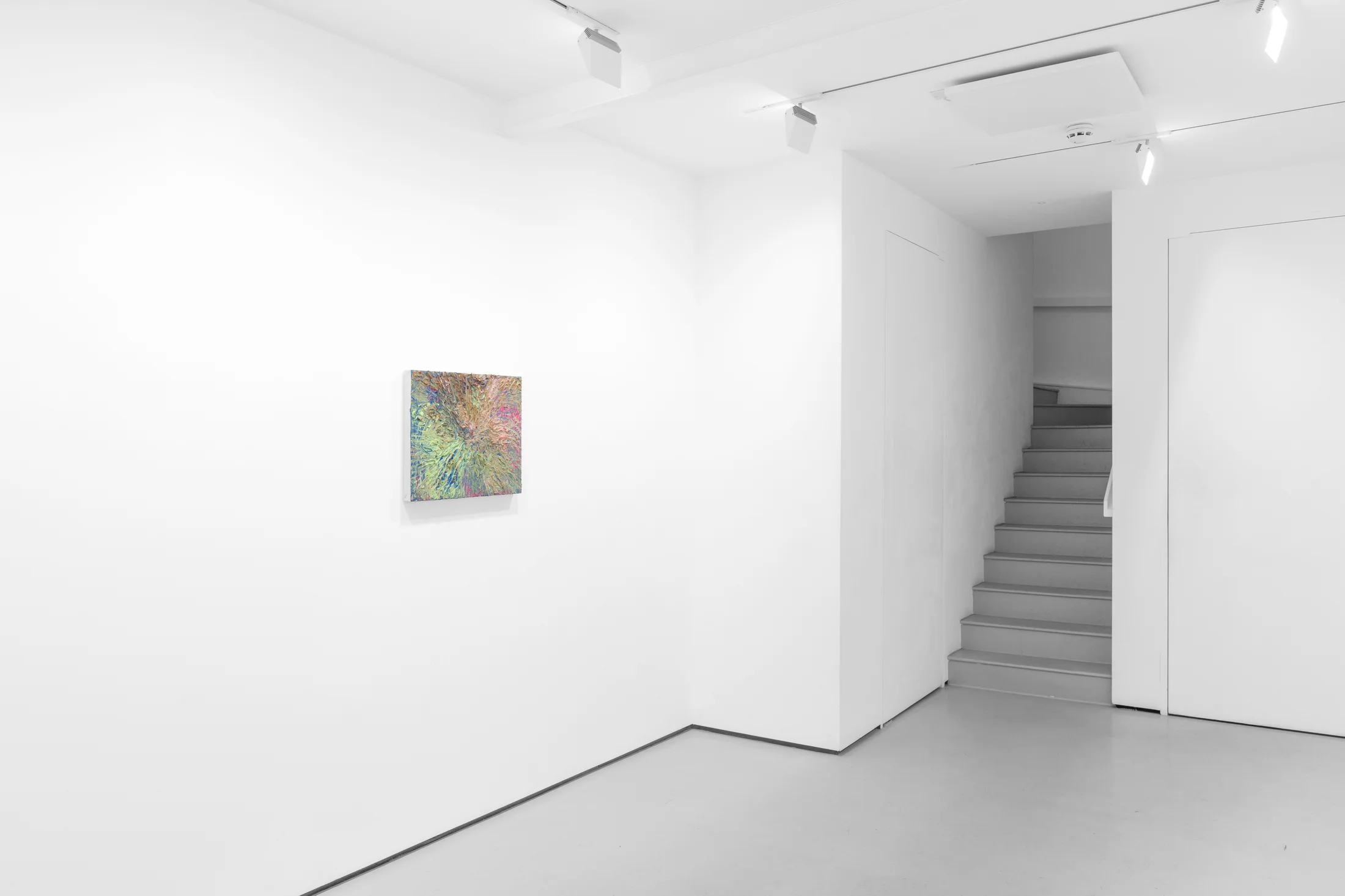 An installation view of James Cabaniuk's solo exhibition with two very large impasto oil paintings on the wall