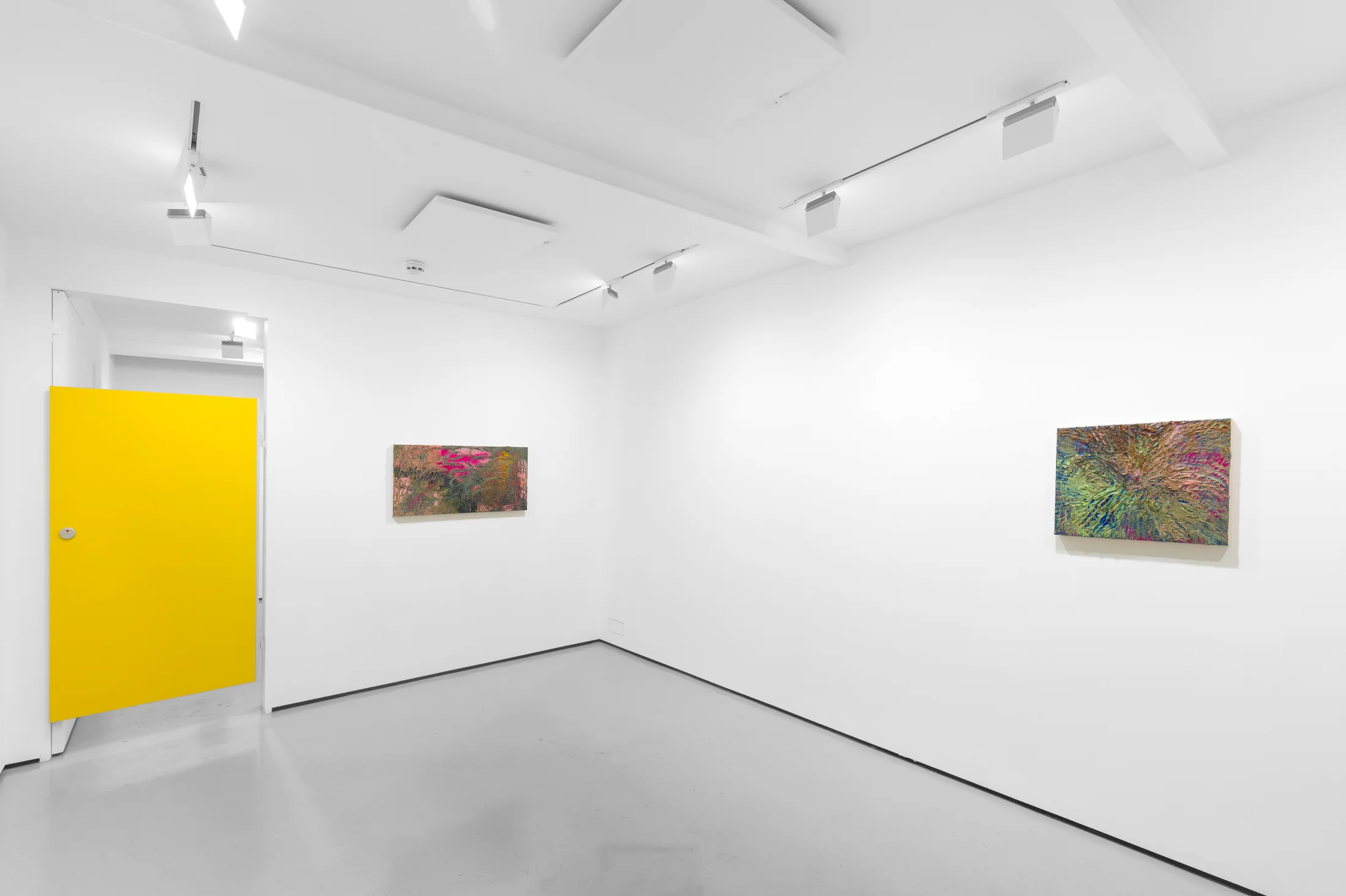 An installation view of James Cabaniuk's solo exhibition with two very large impasto oil paintings on the wall