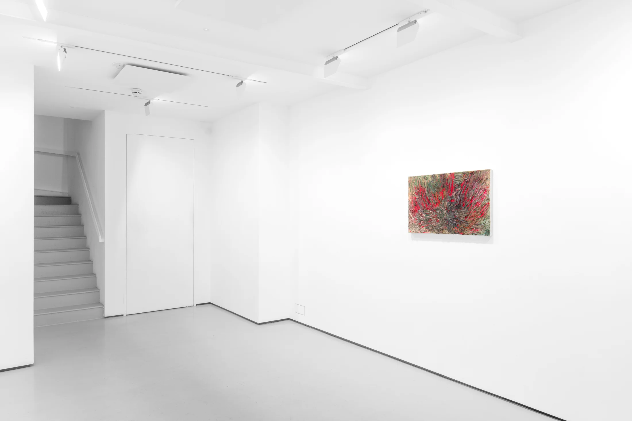 An installation view of James Cabaniuk's solo exhibition with two very large impasto oil paintings on the wall