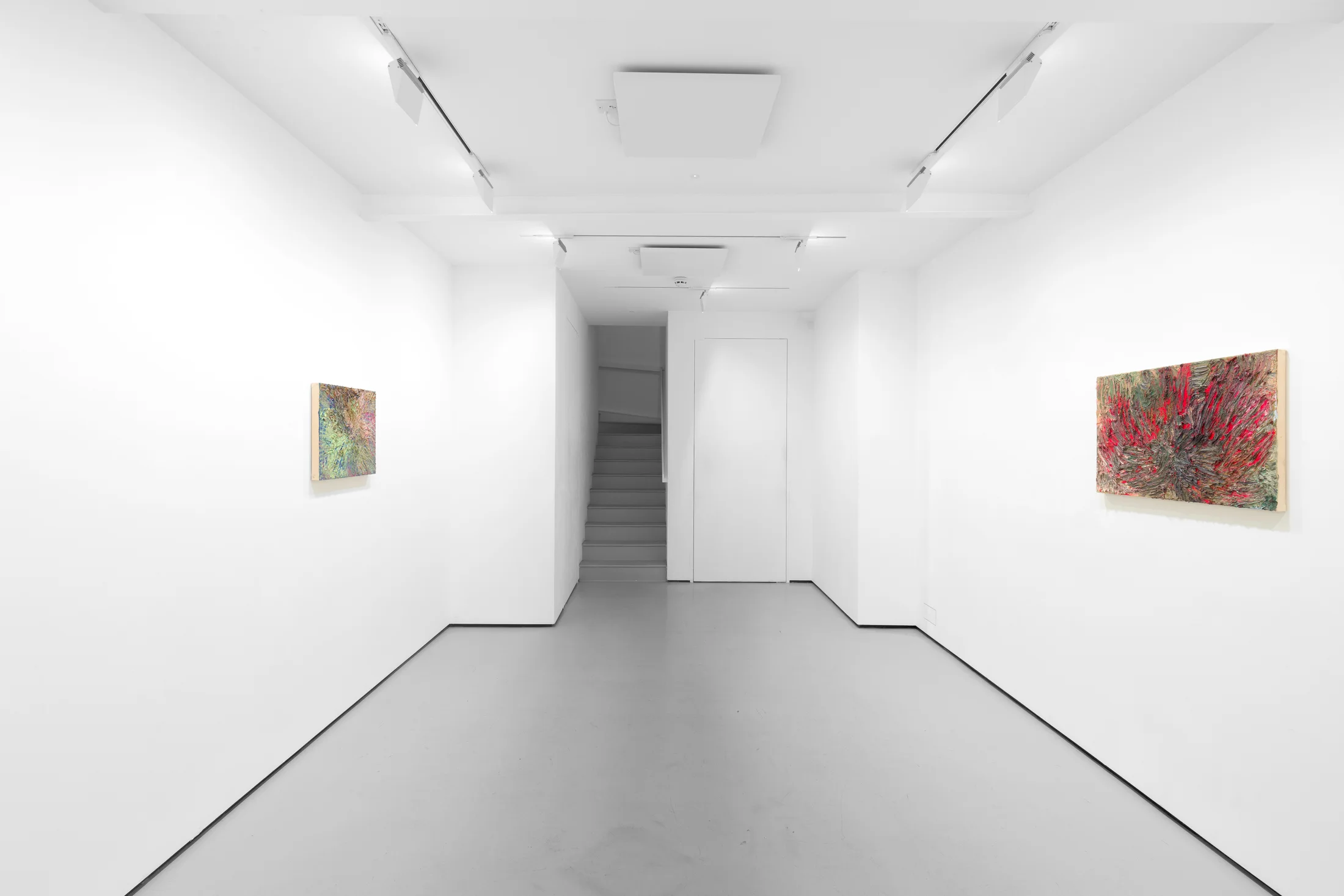 An installation view of James Cabaniuk's solo exhibition with two very large impasto oil paintings on the wall