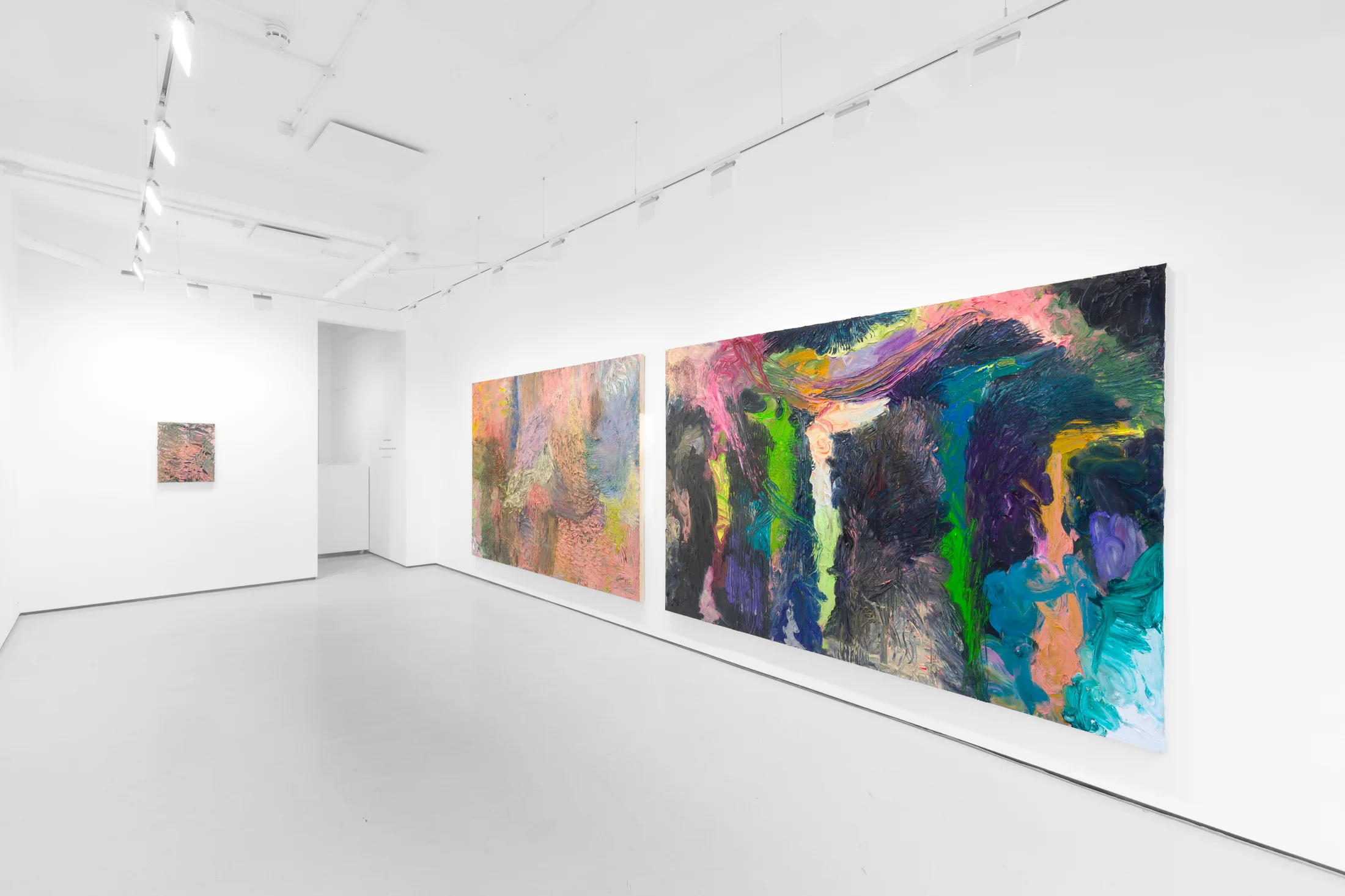 An installation view of James Cabaniuk's solo exhibition with two very large impasto oil paintings on the wall