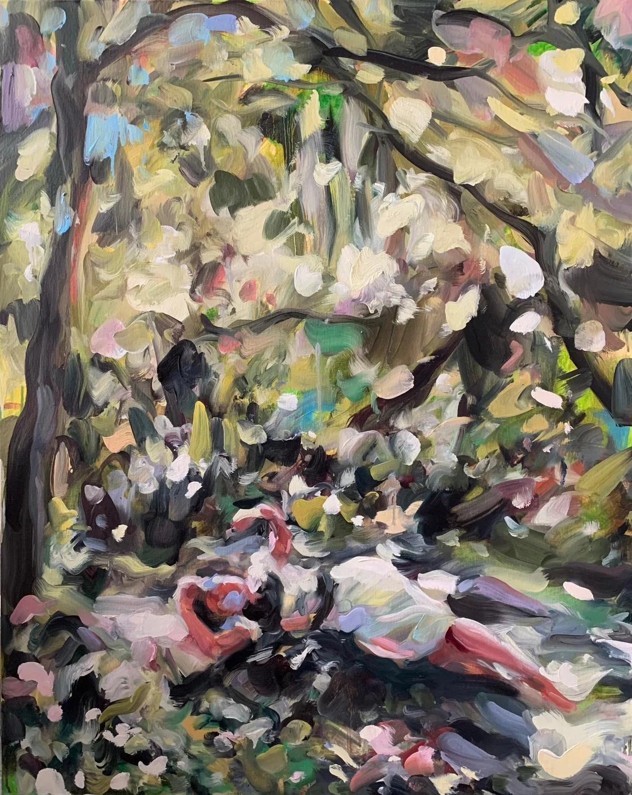 A painting by Laura Lancaster of a young woman laying down in a forest