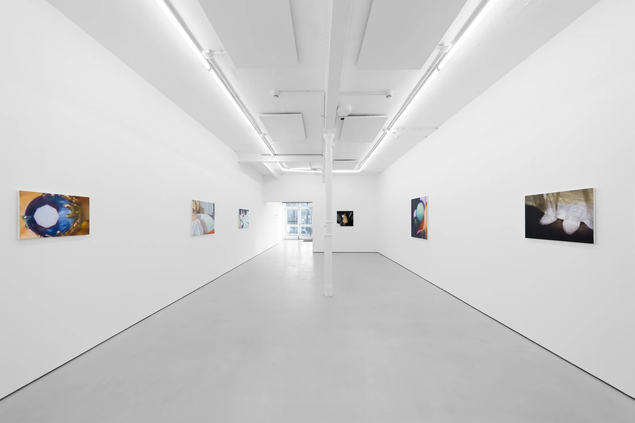 Rachel Lancaster's medium scale oil paintings of domestic objects from cinema are hung in a spacious white gallery space