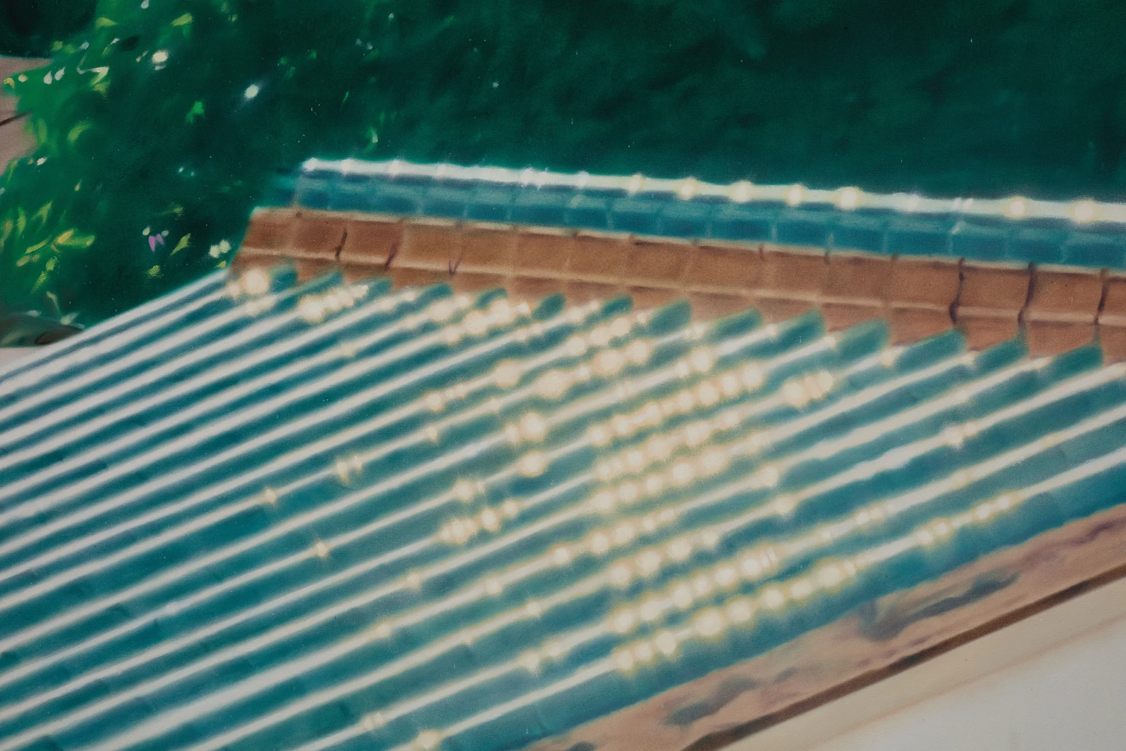 A detail of 'Afternoon Daydreams', a painting by James Prapaithong. Sunlight glistens off the top of a corrugated roof.