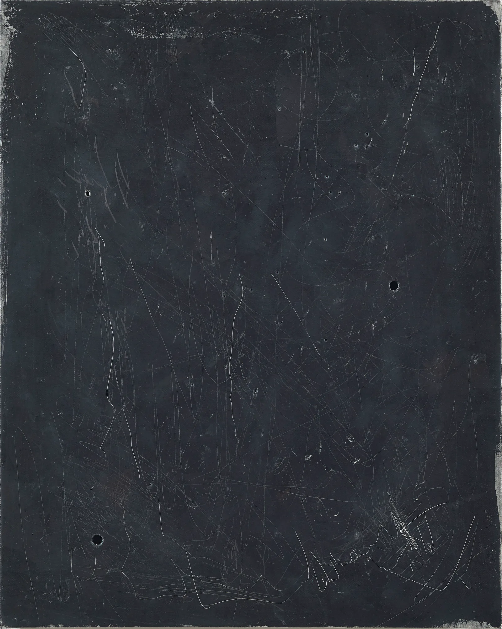 a painting by Jennifer Douglas. Black oxidised metals are scratched and punctured, 