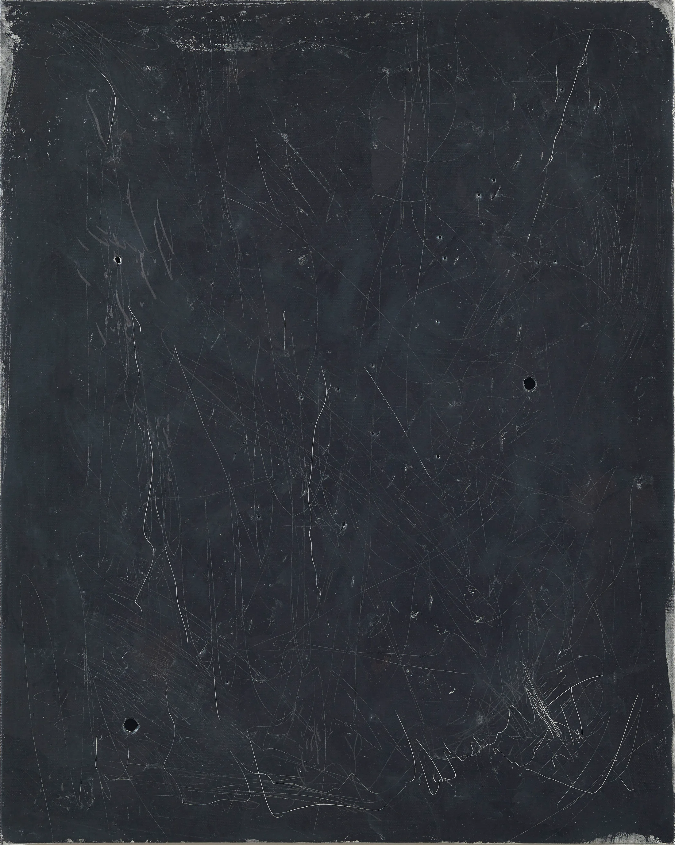a painting by Jennifer Douglas. Black oxidised metals are scratched and punctured,