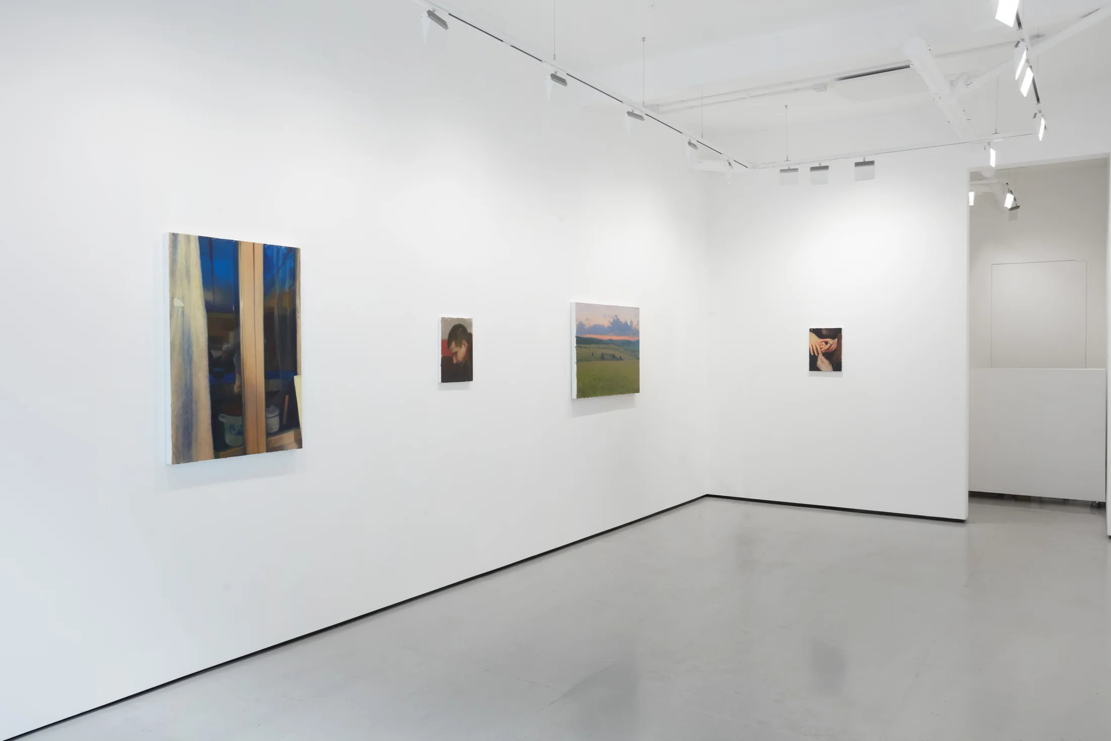 Installation shots of Cristian Avram's exhibition 'Lapse' at Workplace in London. An exhibition of oil paintings in a minimal white gallery space. 