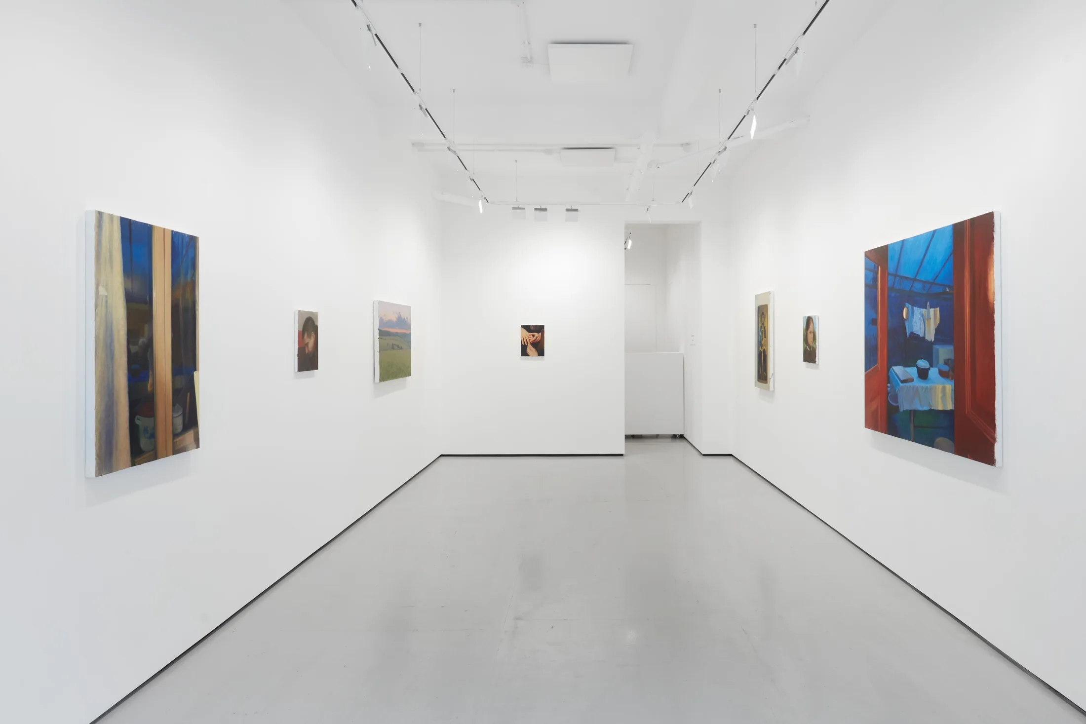 Installation shots of Cristian Avram's exhibition 'Lapse' at Workplace in London. An exhibition of oil paintings in a minimal white gallery space. 