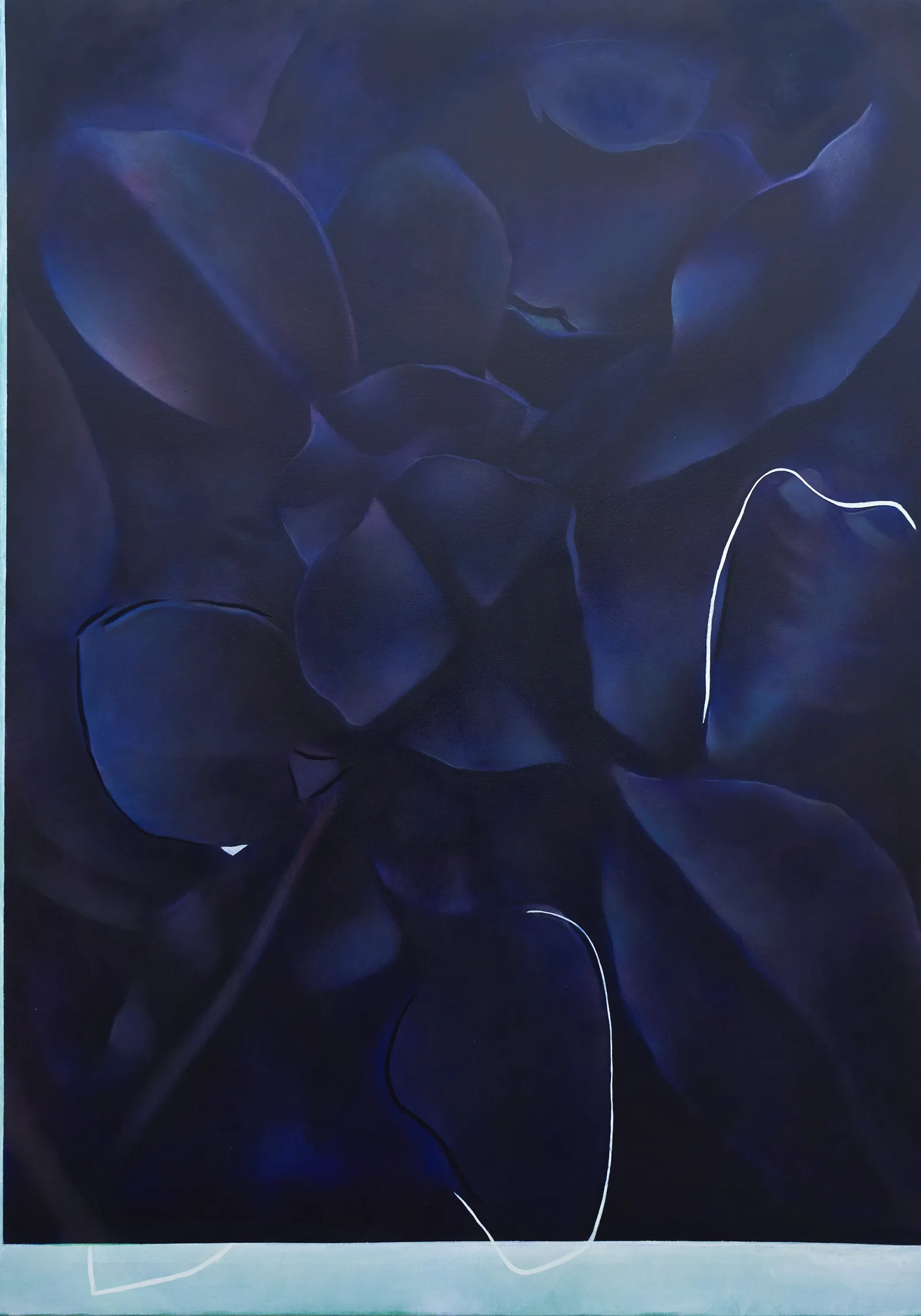 A detail of An Ex III, 2019, Oil on canvas, 170 x 120 cm by Louise Giovanelli. An abstract painting of dark blacks and blue acanthus leaves with white glitches over a central X axis