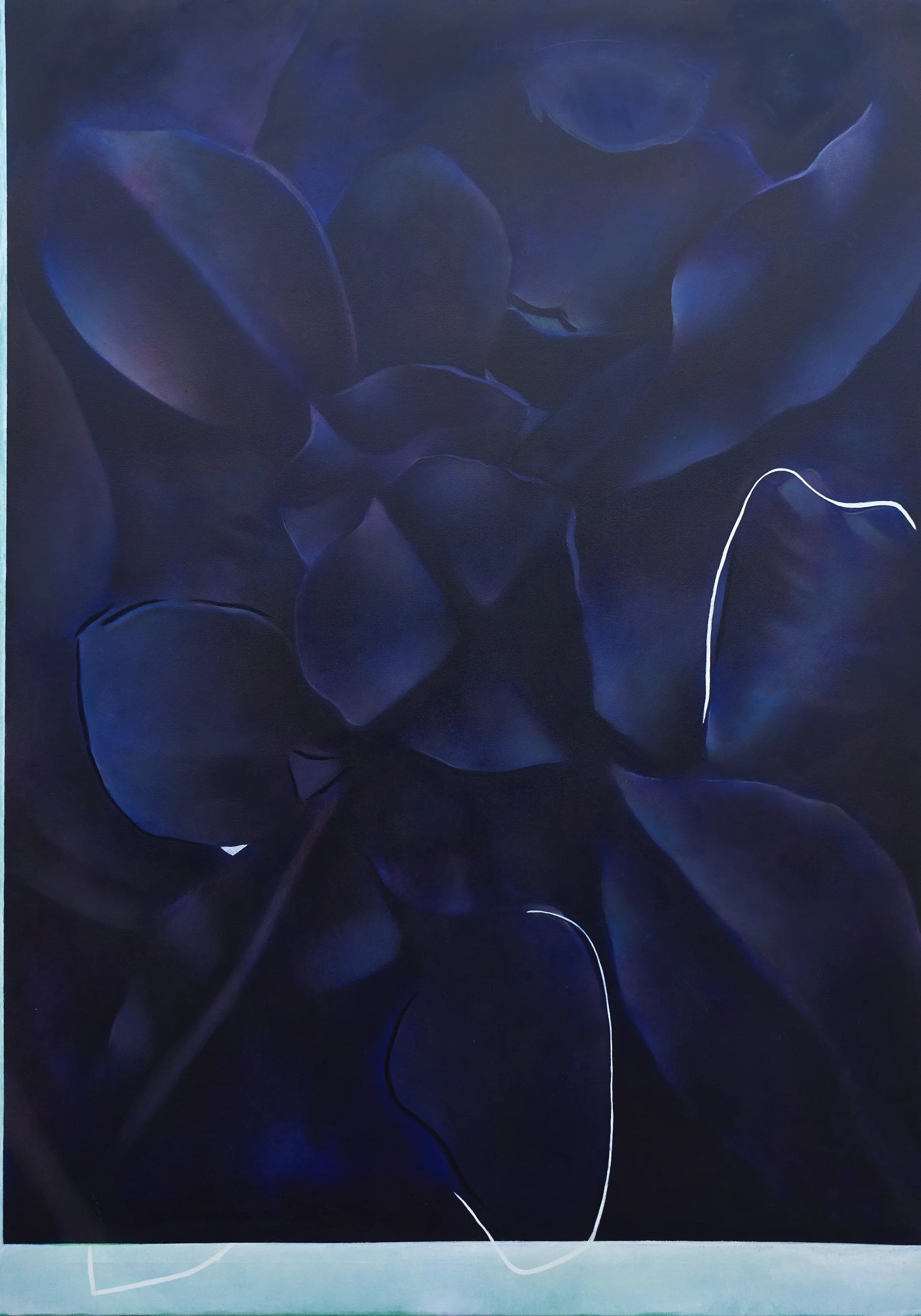 A detail of An Ex III, 2019, Oil on canvas, 170 x 120 cm by Louise Giovanelli. An abstract painting of dark blacks and blue acanthus leaves with white glitches over a central X axis