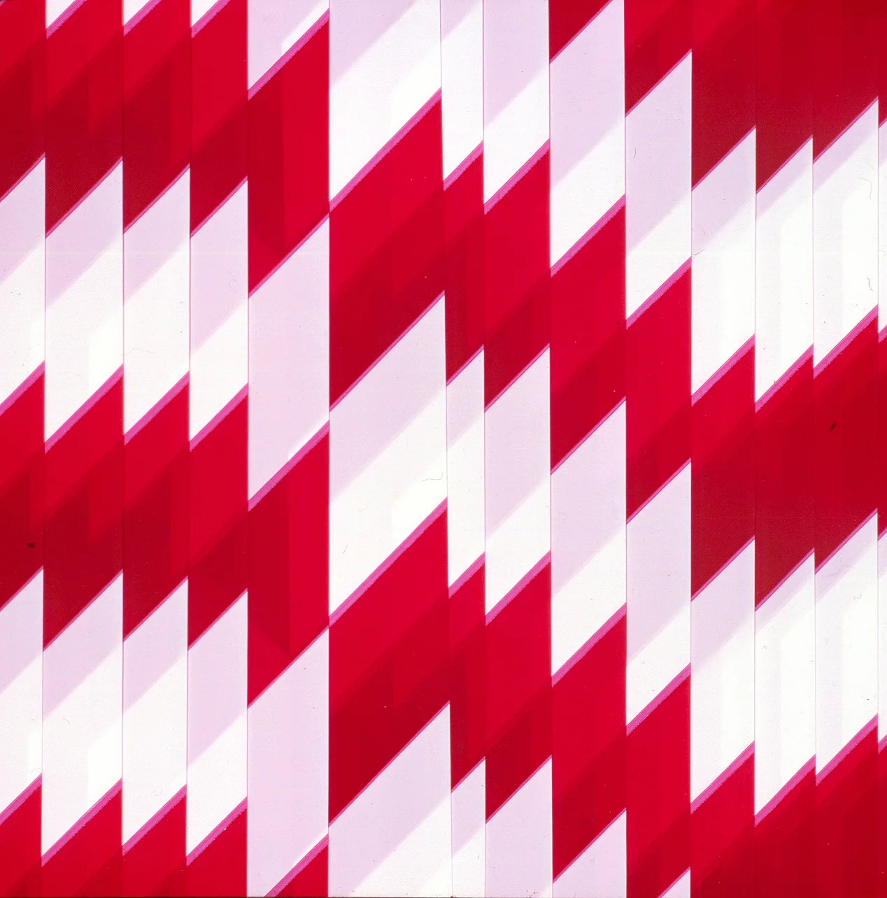 A detail image of 'Danger Painting no.1' by Paul Moss. Layers of hazard tape create red and white rhomboid patterns.