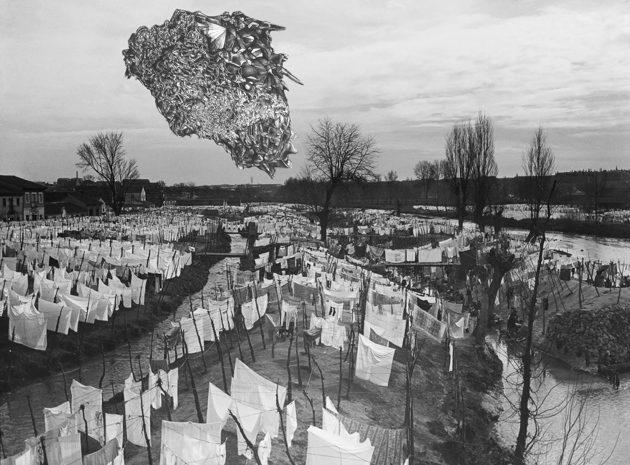 A black and white image of a drawing of an alien object floats above a landscape of sheets hanging to dry