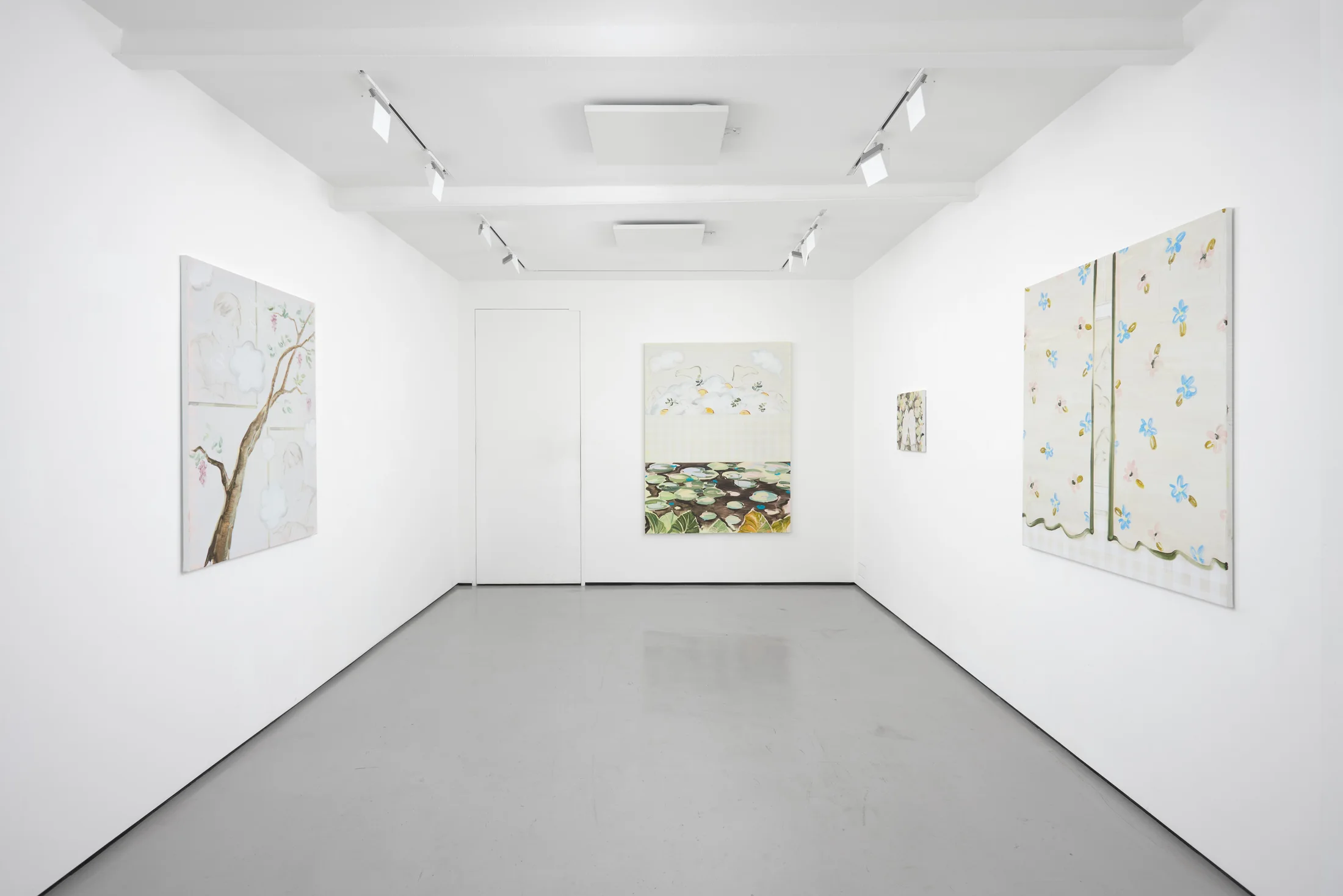Sooim Jeong's paintings for her exhibition 'Summer Remains' presented in the minimal white walled and grey floored basement space of Workplace, 50 Mortimer Street