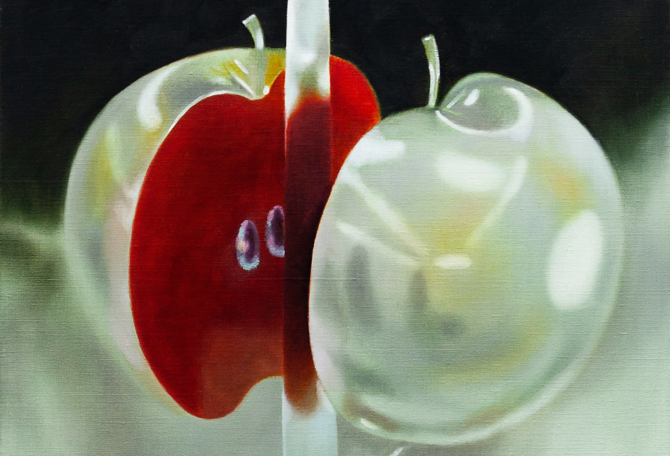 A detail of a painting by Robin Megannity of a knife cutting through an apple with a reflective skin and bright red flesh