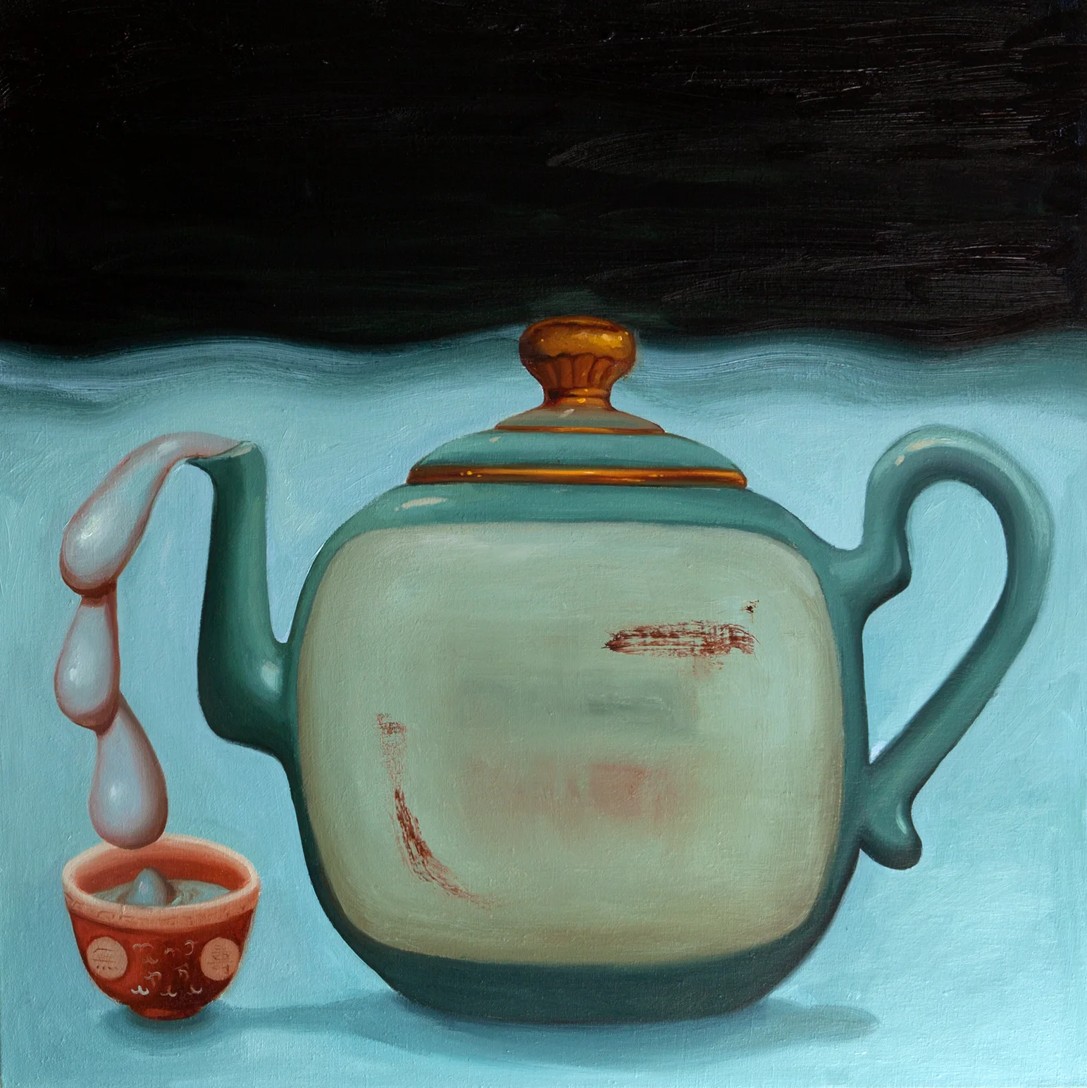 Dominique Fung's painting 'Tea Time, Me Time'. A tea pot against a blue and black background, with drops of liquid coming from the spout into an east asian tea cup.