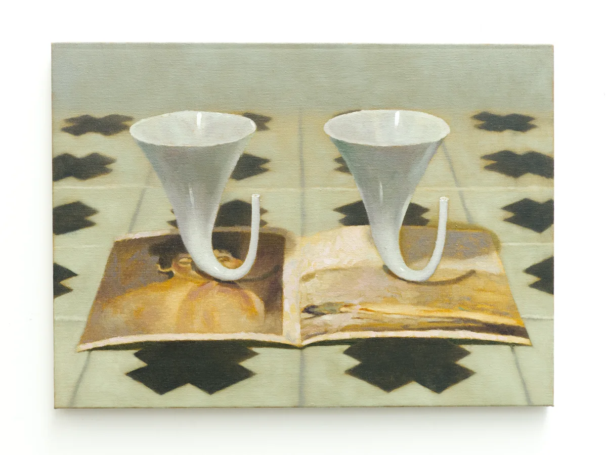 A painting by Robin Megannity of two white horns standing upright on an open book resting on black and white cross tiles
