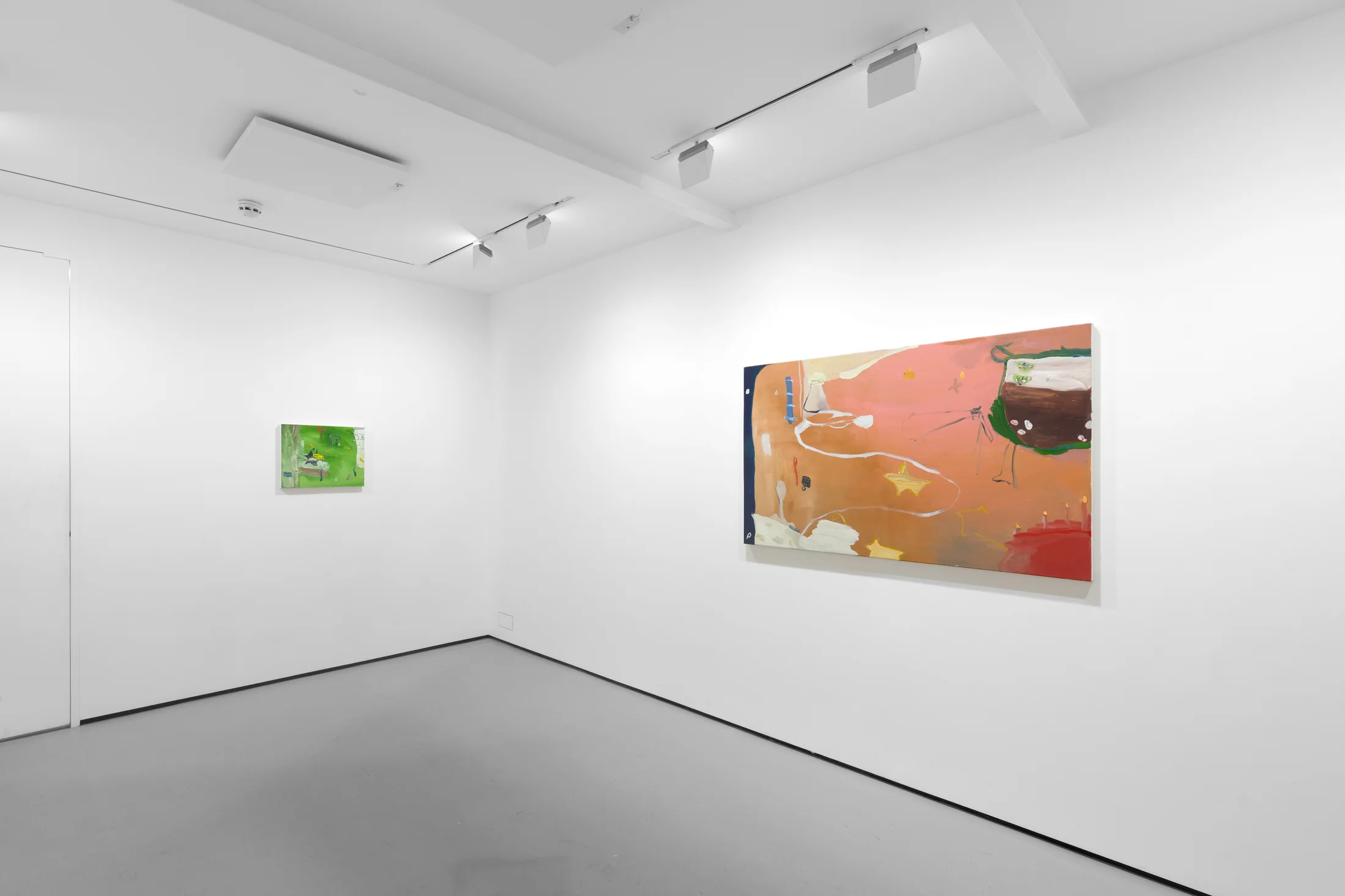 A white walled gallery with 4 artworks by b chehayeb hung on the walls