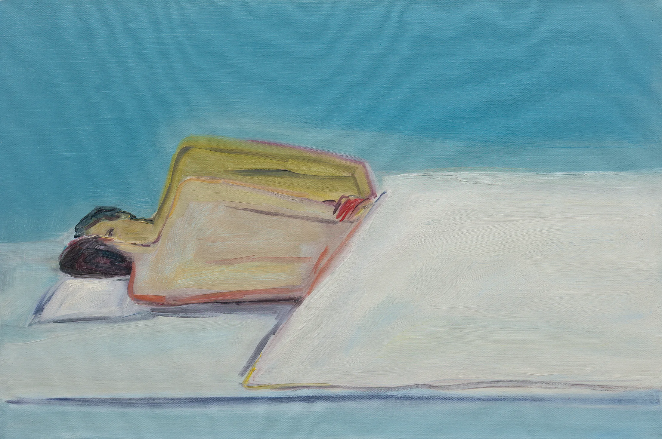 A painting by Eve Ackroyd of naked couple facing each other in a white bed