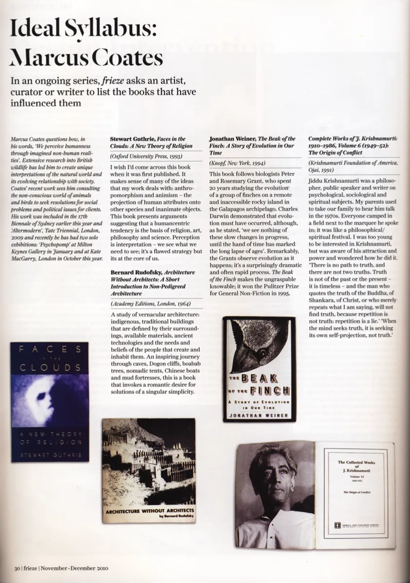 Ideal Syllabus: Marcus Coates In an ongoing series, frieze asks an artist, curator or writer to list the books that have influenced them