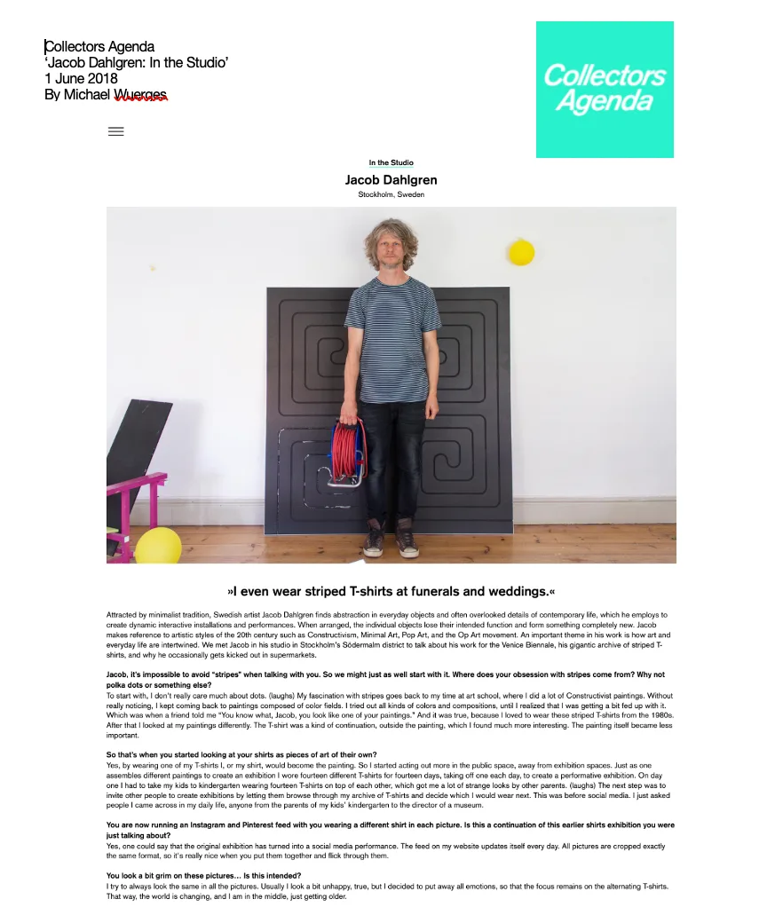 Collectors Agenda article cover about Jacob Dahlgren. Image shows Jacob Dahlgren stood face on to the camera wearing a black and white stripe t shirt