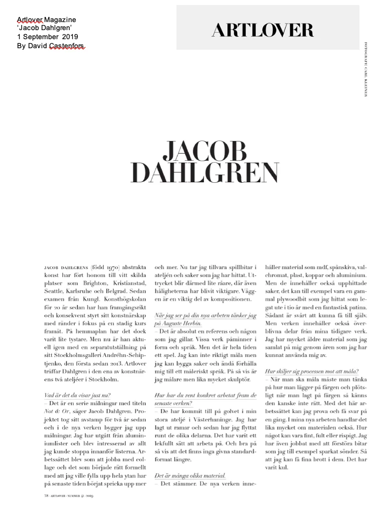 Article cover by ArtLover titled 'Jacob Dahlgren' with article text