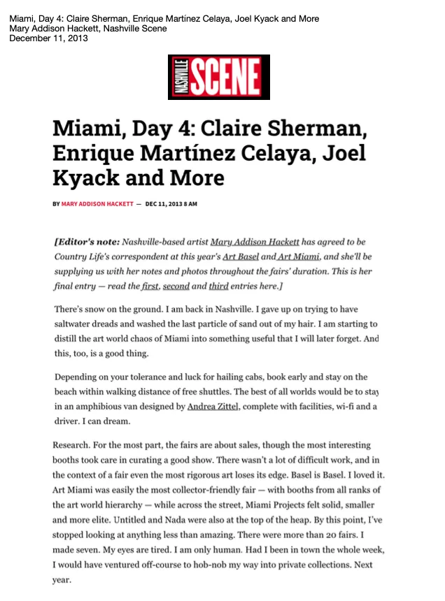 Miami, Day 4: Claire Sherman, Enrique Martínez Celaya, Joel Kyack and More Mary Addison Hackett, Nashville Scene December 11, 2013