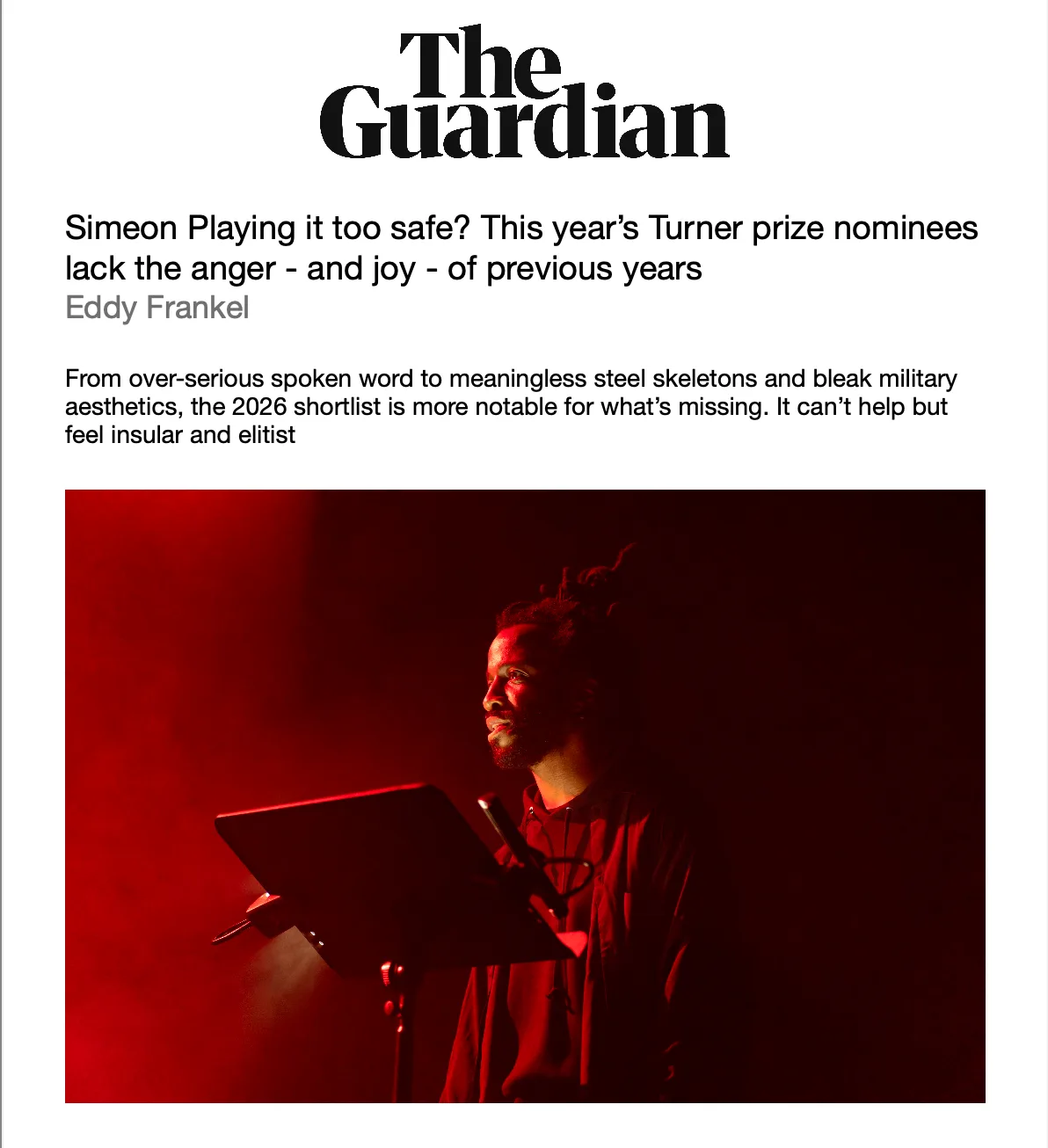 A press clipping of The Guardian article on Simeon Barclay