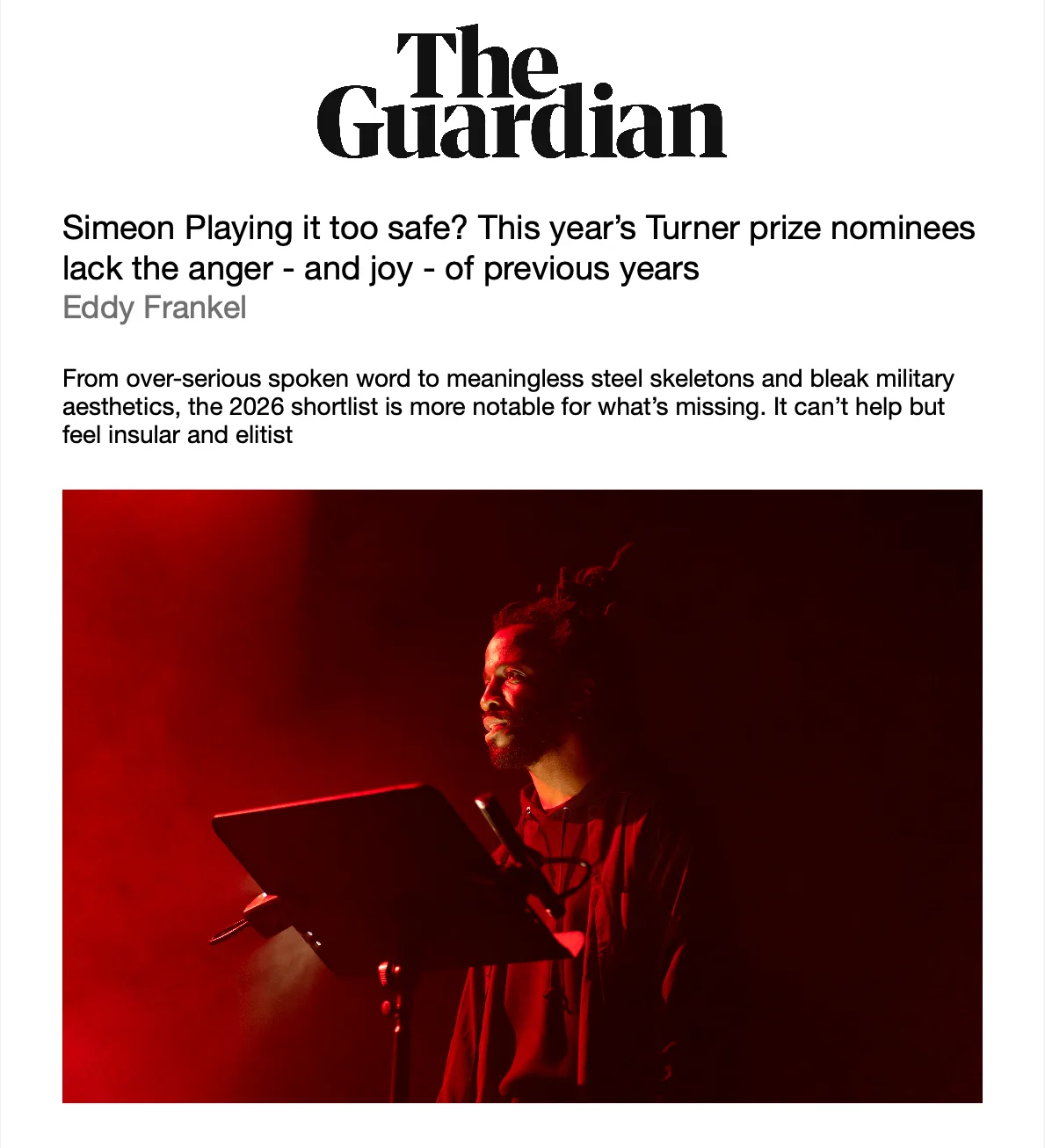 A press clipping of The Guardian article on Simeon Barclay