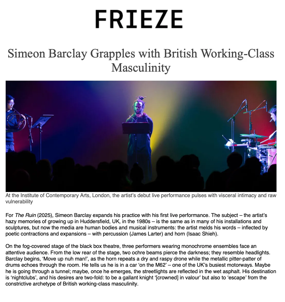 FRIEZE Simeon Barclay Grapples with British Working-Class Masculinity’ 22 Jan 2025 Ajeet Khela